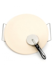 Spreads the heat evenly and quickly for the perfect pie with crispy crust and ooey, gooey cheese. Go straight from oven to tabletop with the convenience of this pizza stone, which keeps your pizza hotter for longer periods of time. Spreads the heat evenly and quickly for the perfect pie with crispy crust and ooey, gooey cheese. Go straight from oven to tabletop with the convenience of this pizza stone, which keeps your pizza hotter for longer periods of time.