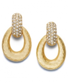 Elegant textured gold with a splash of sparkle. Charter Club's hammered gold-tone clip-on earrings feature a band of sparkling pave-set glass accents. Approximate drop: 1-1/2 inches. Elegant textured gold with a splash of sparkle. Charter Club's hammered gold-tone clip-on earrings feature a band of sparkling pave-set glass accents. Approximate drop: 1-1/2 inches.