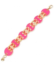 Make a colorful splash. This link bracelet from Betsey Johnson is crafted from gold-tone mixed metal with glass fuchsia circles laying a fun foundation. Approximate length: 8 inches.