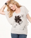 Fall for a floral print with ING's butterfly sleeve plus size top, accentuated by ruched sides.