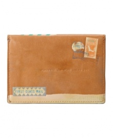 Travel the world in style with this vintage-chic passport case by Fossil. Postage-inspired accents and an inscription that reads 'wherever the wind takes us' adds free-spirited appeal to this well-traveled design. Travel the world in style with this vintage-chic passport case by Fossil. Postage-inspired accents and an inscription that reads 'wherever the wind takes us' adds free-spirited appeal to this well-traveled design.