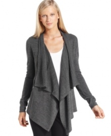 Calvin Klein's open-front cardigan is extra chic with a ribbed cascade collar and asymmetrical hem.