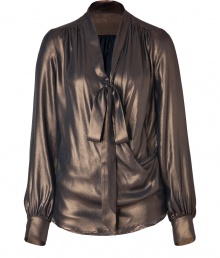 Finish your feminine look on a futuristic note in Plein Suds ultra modern bronze silk wrap blouse, detailed with a soft tie for that added edge of modern-vintage glamour - Stand-up collar with tie, wrapped front, long sleeves, buttoned cuffs, pleated yolk, relaxed fit - Perfect for tucking into form-fitting pencil skirts, or layering over luxe leather leggings