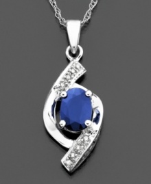 Artistry meets elegance in this beautiful oval swirl pendant featuring oval-cut sapphire (3/4 ct. t.w.) and round-cut diamond accents set in 14k white gold. Approximate length: 18 inches. Approximate drop: 1 inch. Artistry meets elegance in this beautiful oval swirl pendant featuring oval-cut sapphire (3/4 ct. t.w.) and round-cut diamond accents set in 14k white gold. Approximate length: 18 inches. Approximate drop: 1 inch.