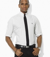 Tailored in a modern trim-fitting silhouette, a windowpane-checked sport shirt is rendered in washed oxford-woven cotton for the look and feel of a well-worn wardrobe favorite.