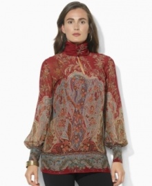 Lauren Ralph Lauren's breezy blouse is finished with a buttoned mockneck and elegant puffed sleeves. Lauren Ralph Lauren's breezy blouse is finished with a buttoned mockneck and elegant puffed sleeves.