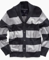 Ivy League styling on a machine-washable sweater for your littlest man of letters. Shawl-collared, button-front cardigan from GUESS.
