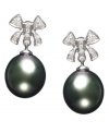 The perfect gift - EFFY Collection's exquisite earrings even have a ribbon on top. Crafted in 14k white gold, earrings showcase cultured Tahitian pearls (10-11 mm) and sparkling round-cut diamonds (1/8 ct. t.w.). Approximate drop: 9/10 inch.