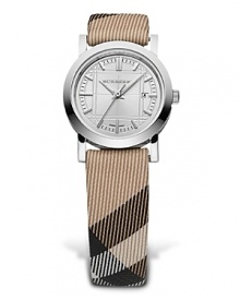 Burberry... time after time. Round silver sunray check printed dial on classic Nova check strap with date function and hour indices. Burberry... time after time. Round silver sunray check printed dial on classic Nova check strap with date function and hour indices.