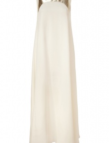 Make a bold statement in this stunning floor length gown from Raoul - High neckline with metallic leather detail, maxi length, asymmetrical hem, back keyhole - Wear with jeweled platform pumps, drop earrings from Alexis Bittar, and a statement clutch