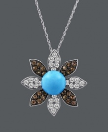 Freshen your look with a touch of floral. Carlo Viani's resplendent pendant highlights a round-cut turquoise center (3-5/8 mm) with petals covered in round-cut white sapphire (1/2 ct. t.w.) and smokey quartz (3/8 ct. t.w.). Crafted in 14k white gold. Approximate length: 18 inches. Approximate drop: 1 inch. Freshen your look with a touch of floral. Carlo Viani's resplendent pendant highlights a round-cut turquoise center (3-5/8 mm) with petals covered in round-cut white sapphire (1/2 ct. t.w.) and smokey quartz (3/8 ct. t.w.). Crafted in 14k white gold. Approximate length: 18 inches. Approximate drop: 1 inch.