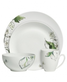 Vera Wang's Floral Leaf watercolor place settings add fresh artistry to a chic bone china canvas. Smooth coupe shapes in clean white bloom with crisp greens for a modern place setting that's ideal for every day. Vera Wang's Floral Leaf watercolor place settings add fresh artistry to a chic bone china canvas. Smooth coupe shapes in clean white bloom with crisp greens for a modern place setting that's ideal for every day.