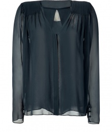 An essential piece for this seasons hot layering trend, this sheer blouse from Schumacher will add an instant update to your wardrobe favorites - V-neck, long sleeves, pintuck pleats at shoulders, concealed front button placket, back pleats, relaxed silhouette - Wear with a racerback tank, skinny jeans, and an asymmetric hem blazer