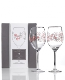 Red and platinum swirls play up a simply beautiful shape, giving this set of Charter Club's Novelty Swirl wine glasses a look that's fun yet refined. Red and platinum swirls play up a simply beautiful shape, giving this set of Charter Club's Novelty Swirl wine glasses a look that's fun yet refined.