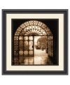 A window into Venice. Beyond the elaborate metal-work gate lies a well-manicured, traditional Italian courtyard. In a beaded black frame, this breathtaking art print takes you on a journey to another time and place.