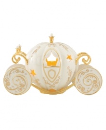 With a wave of her wand and a touch of bibbidi bobbidi boo, Cinderella's fairy godmother transformed a humble squash into this spectacular porcelain coach. Cutout stars, twinkling gold accents and a light from inside make it a must for aspiring princesses and Disney collectors. Qualifies for Rebate