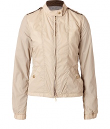 Stylish jacket in fine, cream nylon (shell) and cotton (lining) - A sporty standout from Italian it-label Duvetica - Slim silhouette tapers at waist, crops just below hips - Small standup collar, epaulets and two-way zipper - Long, cuffed sleeves and kangaroo snap pockets - Elegantly relaxed and ideal for everyday - Pair with chinos, jeans and casual skirts