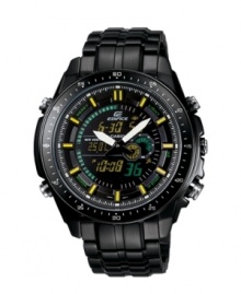 From the track to the street, Casio's Edifice Black Label watch is about 100% performance. Black ion-plated stainless steel bracelet and round case. Black bezel features white numerals. Analog-digital dial features yellow stick indices, luminous hands, auto LED light, world time, daily alarm, hourly time signal, stopwatch, countdown timer, full auto calendar, thermometer sensor and 12/24-hour formats. Quartz movement. Water resistant to 100 meters. One-year limited warranty.