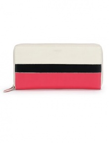 THE LOOKContinental silhouetteColorblock designZip-around closureOne outside zip pocketCenter zip compartmentTwo bill slotsTwelve card slotsTHE MEASUREMENTWrist strap, 6 drop8W X 4H X ¾DTHE MATERIALLeatherCotton twill liningORIGINImported THE LOOKContinental silhouetteColorblock designZip-around closureOne outside zip pocketCenter zip compartmentTwo bill slotsTwelve card slotsTHE MEASUREMENTWrist strap, 6 drop8W X 4H X ¾DTHE MATERIALLeatherCotton twill liningORIGINImported