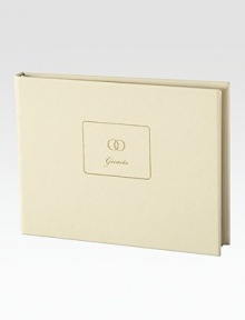 The classic image of intertwined wedding rings is foil-stamped in gold on the front of this leather guest book, finished with a corresponding image on the spine. A beautiful gift for the newly engaged includes 160 acid-free, archival lined pages permanently bound with stitching and gilt edges. 160 pages Acid-free archival paper 8¾W X 6¾H Made in USA The classic image of intertwined wedding rings is foil-stamped in gold on the front of this leather guest book, finished with a corresponding image on the spine. A beautiful gift for the newly engaged includes 160 acid-free, archival lined pages permanently bound with stitching and gilt edges. 160 pages Acid-free archival paper 8¾W X 6¾H Made in USA