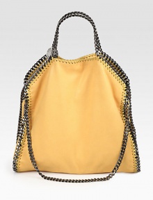 Iconic foldover shape in shimmery suede-like polyester, outlined with metal chain trim and features dual carrying options.Double chain top handles, 4 drop Chain shoulder strap, 11 drop Snap top closure One inside zip pocket Nylon lining 14W X 13H X 3D Made in Italy Iconic foldover shape in shimmery suede-like polyester, outlined with metal chain trim and features dual carrying options.Double chain top handles, 4 drop Chain shoulder strap, 11 drop Snap top closure One inside zip pocket Nylon lining 14W X 13H X 3D Made in Italy