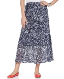 A swirling paisley print on mesh fabric transforms a simple midi skirt into something striking, from JM Collection. A swirling paisley print on mesh fabric transforms a simple midi skirt into something striking, from JM Collection.