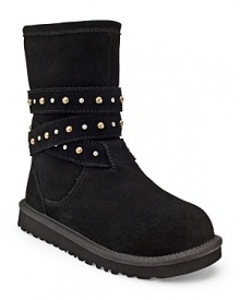Go glam with this sturdy suede boot, wrapped in a gold and silver studded suede strap, with inside zipper for an easier on/off. Go glam with this sturdy suede boot, wrapped in a gold and silver studded suede strap, with inside zipper for an easier on/off.