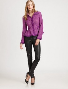 Peplum jacket of luxe lace has a point collar, button front and contrasting trim. Point collarButton frontLong sleevesPeplum detailAbout 21 from shoulder to hem62% polyester/33% viscose/5% elastaneDry cleanMade in USA of imported fabricModel shown is 5'10 (177cm) wearing US size 2. Peplum jacket of luxe lace has a point collar, button front and contrasting trim. Point collarButton frontLong sleevesPeplum detailAbout 21 from shoulder to hem62% polyester/33% viscose/5% elastaneDry cleanMade in USA of imported fabricModel shown is 5'10 (177cm) wearing US size 2.