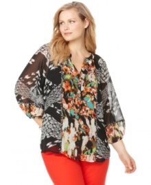 Make a stylish statement this season with Calvin Klein's three-quarter sleeve plus size peasant blouse, showcasing an electrifying print.