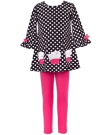 The sweet style of this polka dot cupcake dress and matching leggings set from Rare Editions is a real treat to stock her closet. The sweet style of this polka dot cupcake dress and matching leggings set from Rare Editions is a real treat to stock her closet.