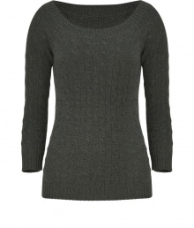 Super soft and ultra flattering, Ralph Laurens ballet neck cashmere cable knit pullover counts as a must for luxe feminine looks - Wide scooped neckline, 3/4 sleeves, fine ribbed trim, fitted - Pair with favorite jeans and patent leather ballerinas for a preppy-chic finish