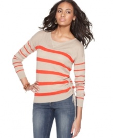Striking stripes and a ruched drawstring side tie elevate this petite cotton sweater, from DKNY Jeans. Pair it with jeans for a look that's better than basic. Striking stripes and a ruched drawstring side tie elevate this petite cotton sweater, from DKNY Jeans. Pair it with jeans for a look that's better than basic.