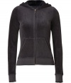 Finish off-duty looks on a chic note with Juicy Coutures black velour hoodie - Hooded, front zip closure, long sleeves, split kangaroo pocket - Slim fit - Pair with matching pants, favorite jeans, or mini-skirts