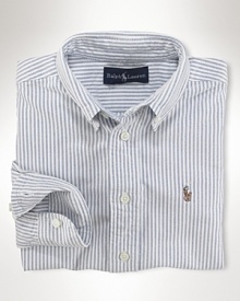 A preppy long-sleeved sport shirt in striped cotton oxford, washed for well-worn softness. Styled in comfortable, classic-fitting Blake silhouette. Button-down collar, applied placket and barrel cuffs. Signature multicolored embroidered pony accents the chest patch pocket. Shirttail hem. A preppy long-sleeved sport shirt in striped cotton oxford, washed for well-worn softness. Styled in comfortable, classic-fitting Blake silhouette. Button-down collar, applied placket and barrel cuffs. Signature multicolored embroidered pony accents the chest patch pocket. Shirttail hem.