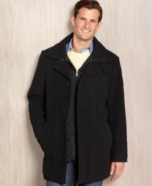 Even when the big storms start, you won't be worried. This sturdy wool-blend coat from Calvin Klein has double protection (note the extra collar) to keep you warm and dry through the worst weather. Even when the big storms start, you won't be worried. This sturdy wool-blend coat from Calvin Klein has double protection (note the extra collar) to keep you warm and dry through the worst weather.