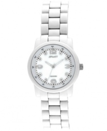 Keep yourself and the planet on track with crisp, timeless style. Eco-friendly Sprout watch crafted from white corn resin bracelet and round case with mineral crystal lens. Genuine mother-of-pearl dial features silvertone numerals at twelve, three, six and nine o'clock, eight diamond accent markers, printed minute track, silvertone hour and minute hands, sweeping second hand and logo. Quartz movement. Limited lifetime warranty.