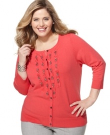 Embellished applique lends feminine elegance to Charter Club's three-quarter sleeve plus size cardigan.