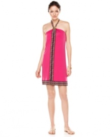 Inspired by the colorful style of Brasil, this boldly hued Calvin Klein halter dress features a global-inspired print perfect for a summer getaway! Inspired by the colorful style of Brasil, this boldly hued Calvin Klein halter dress features a global-inspired print perfect for a summer getaway!