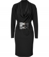 Inject sultry yet sophisticated style into your workweek look with this draped and belted dress from Michael Kors - Cowl neckline, long sleeves, wide draped waist belt with dual buckles and leather details, knee-length skirt, pullover style - Fitted draped silhouette - Pair with metallic heels, a faux-fur-lined coat, and a statement satchel