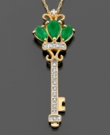 This sparkling & stylish key pendant showcases gorgeous round-cut emerald (3/4 ct. t.w.) highlighted by round-cut diamond (1/10 ct. t.w.) set in 14k gold. Approximate length: 18 inches. Approximate drop: 1-1/4 inches. This sparkling & stylish key pendant showcases gorgeous round-cut emerald (3/4 ct. t.w.) highlighted by round-cut diamond (1/10 ct. t.w.) set in 14k gold. Approximate length: 18 inches. Approximate drop: 1-1/4 inches.