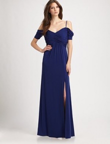 Supple stretch jersey, featuring a prettily ruched off-the-shoulder neckline and an alluring front slit.Off-the-shoulder style with spaghetti strapsSweetheart necklineShort sleevesRuched cross-front bodiceFront slitConcealed back zipFully linedAbout 44½ from natural waist95% polyester/5% spandexDry cleanImportedModel shown is 5'10½ (179cm) wearing US size 4. Supple stretch jersey, featuring a prettily ruched off-the-shoulder neckline and an alluring front slit.Off-the-shoulder style with spaghetti strapsSweetheart necklineShort sleevesRuched cross-front bodiceFront slitConcealed back zipFully linedAbout 44½ from natural waist95% polyester/5% spandexDry cleanImportedModel shown is 5'10½ (179cm) wearing US size 4.