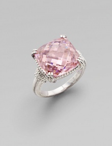 From the Giftables Collection. A sweetly colored, faceted cushion of pink crystal in a gracefully fluted setting and band of sterling silver.Pink crystal Sterling silver About ½ square Imported