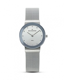 Classic elegance, watch features a slim stainless steel case with a mirror border, light blue dial, and Skagen's signature mesh band. Classic elegance, watch features a slim stainless steel case with a mirror border, light blue dial, and Skagen's signature mesh band.