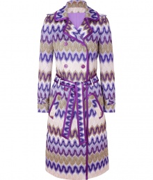 Lovely lilac and pale rose belted coat from Missoni - This trench style coat features a luxe psychedelic print thats sure to get noticed - Double breasted silhouette, button front placket, all-over print, contrasting trim, tie waist belt, front slit pockets - Wear with a sheath dress, nude fishnets, and platforms Lovely lilac and pale rose belted coat from Missoni - This trench style coat features a luxe psychedelic print thats sure to get noticed - Double breasted silhouette, button front placket, all-over print, contrasting trim, tie waist belt, front slit pockets - Wear with a sheath dress, nude fishnets, and platforms