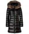 Contemporary and sleek, this fur-trimmed down coat from Duvetica is a cool weather must-have - Hood with fur trim, stand-up collar, dual-zip front closure, long sleeves, slit pockets, quilted - Slim fit - Wear with a cashmere pullover, leather leggings or skinny jeans, and ankle booties