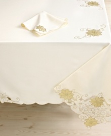 Make your holiday extra-special with the right setup. A traditional symbol of the Christmas season, a golden poinsettia motif graces this Shimmering Poinsettia tablecloth for a look of timeless elegance. Make your holiday extra-special with the right setup. A traditional symbol of the Christmas season, a golden poinsettia motif graces this Shimmering Poinsettia tablecloth for a look of timeless elegance.
