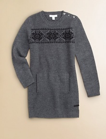 Textured stitching and lacy Fair Isle snowflakes turn a cozy sweater dress of fine merino wool into a wintry wonder.Ribbed crewneck with decorative buttons at one shoulderSnowflake intarsia chest borderPullover stylingWaffle-stitched frontLong smooth sleeves with ribbed cuffsFront kangaroo pocketRibbed hemSmooth backWoolHand washImported Please note: Number of buttons may vary depending on size ordered. Textured stitching and lacy Fair Isle snowflakes turn a cozy sweater dress of fine merino wool into a wintry wonder.Ribbed crewneck with decorative buttons at one shoulderSnowflake intarsia chest borderPullover stylingWaffle-stitched frontLong smooth sleeves with ribbed cuffsFront kangaroo pocketRibbed hemSmooth backWoolHand washImported Please note: Number of buttons may vary depending on size ordered.