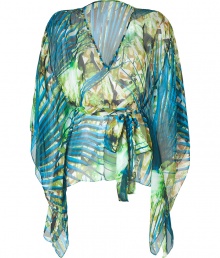 Make a dramatic seaside debut in Matthew Williamson Escapes bright palm printed silk kimono top - V-neckline, draped 3/4 length sleeves, self-tie sash around the waist - Loosely fitted - Team with statement jewelry and bright white separates