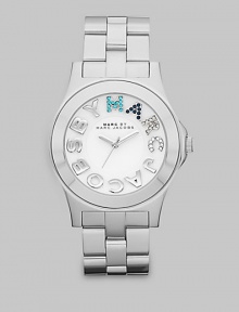 Colorful crystals accent the logo dial on this simply chic, stainless steel style. Quartz movementWater resistant to 5 ATMStainless steel case, 40mm (1.6) Smooth bezelWhite dialCrystal accented and smooth logo hour markersSecond hand Stainless steel link braceletImported Colorful crystals accent the logo dial on this simply chic, stainless steel style. Quartz movementWater resistant to 5 ATMStainless steel case, 40mm (1.6) Smooth bezelWhite dialCrystal accented and smooth logo hour markersSecond hand Stainless steel link braceletImported