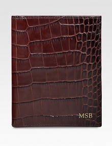 Crafted of crocodile-embossed Italian calfskin, it includes 5 credit card slots and passport compartment. 4.5 X 5CalfskinMade in USAFOR PERSONALIZATIONSelect a color and quantity, then scroll down and click on PERSONALIZE & ADD TO BAG to choose and preview your monogramming options. Please allow 1 week for delivery.